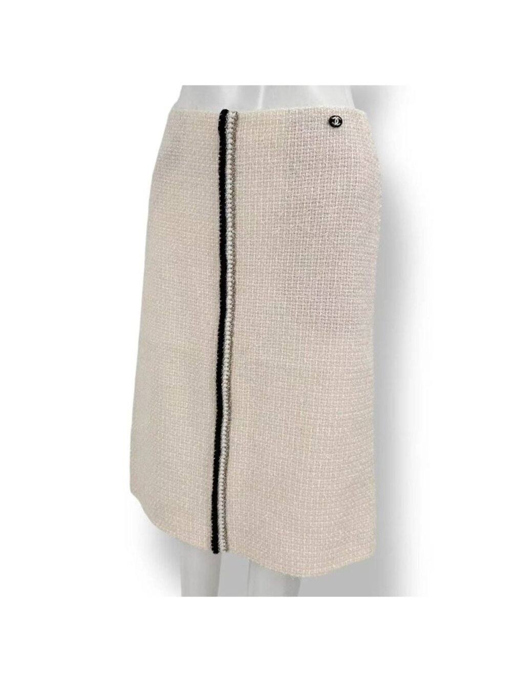 Chanel Tweed CC Logo Button Skirt White Wool Blend